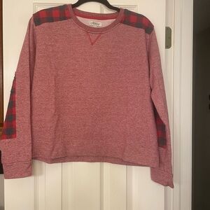 Orvis Vintage Red and Plaid pull over crew neck sweatshirt. Ladies size medium